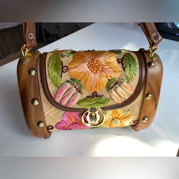 SOLD - Vintage Boho Raffia Woven Straw Floral Wooden Box Bag Purse Cabana - Picture 6 of 13